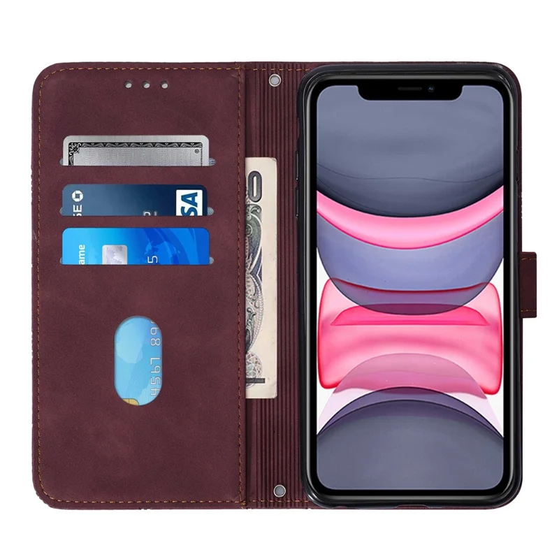 PB2-1 Series PU Leather + TPU Cell Phone Case Imprinting Lines Stand Wallet Anti-fall Cover with Shoulder Strap for iPhone 11 6.1 inch - Wine Red