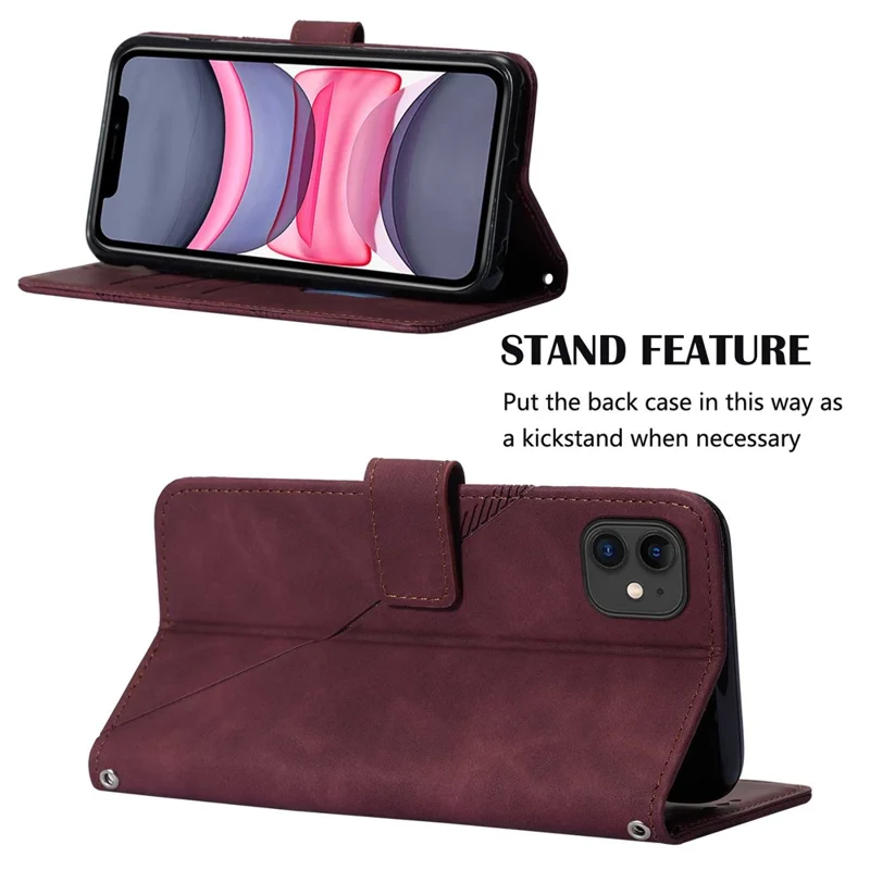PB2-1 Series PU Leather + TPU Cell Phone Case Imprinting Lines Stand Wallet Anti-fall Cover with Shoulder Strap for iPhone 11 6.1 inch - Wine Red