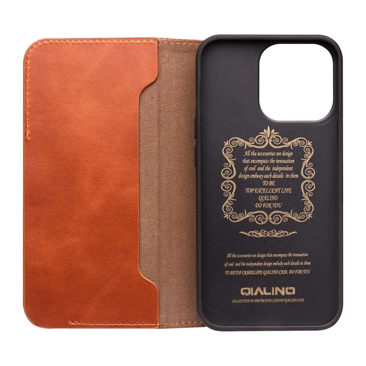 Qialino Carteira Função Função Magnética Fechamento Top Camada De Couro Genuíno Caso Capa Para Iphone 13 Pro 6.1 Polegadas - Marrom
