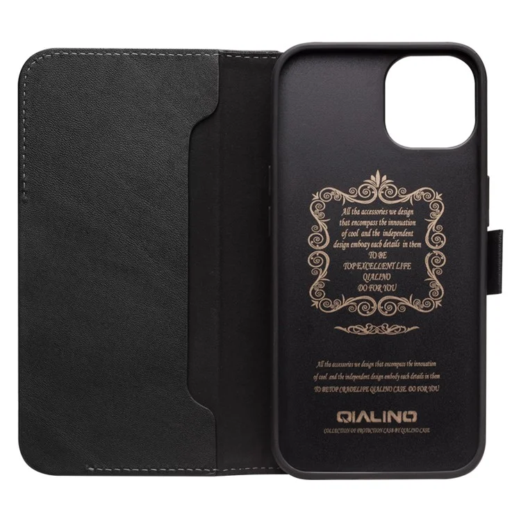 Qialino Fecho Magnético Flip Folio Carteira Design Capa De Couro Genuíno Capa Para Iphone 13 6.1 Polegadas - Preto