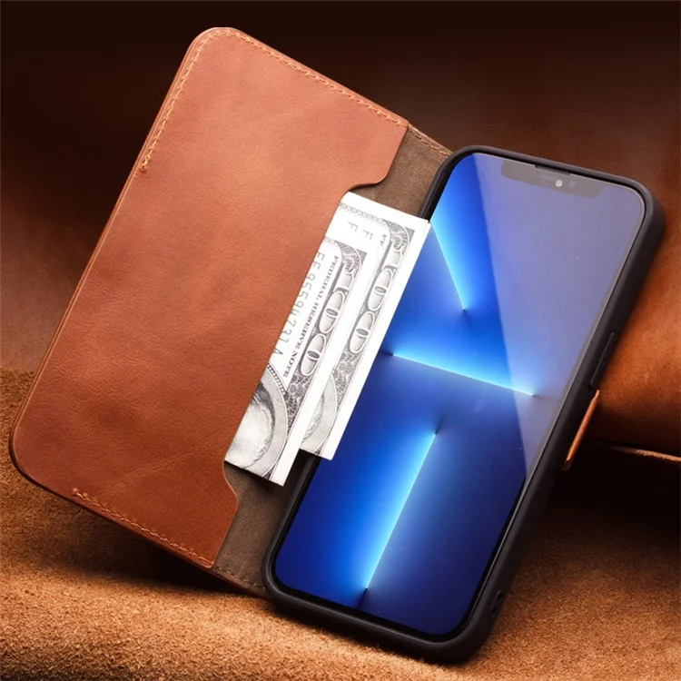 Qialino Fecho Magnético Flip Folio Carteira Design Capa De Couro Genuíno Capa Para Iphone 13 6.1 Polegadas - Preto