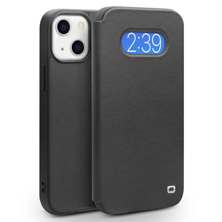 Qialino Ultra Fina Flip Folio Couro Genuíno Caso De Telefone De Capa Bem Protegido Com Janela De Visualização Para IPhone 13 6.1 Polegadas - Preto