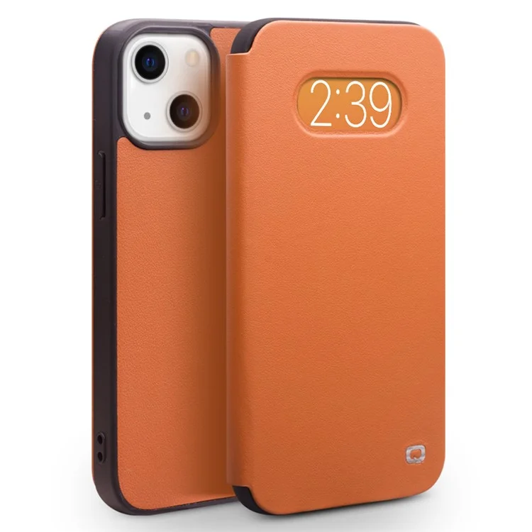 Qialino Ultra Fina Flip Folio Couro Genuíno Caso De Telefone De Capa Bem Protegido Com Janela De Visualização Para IPhone 13 6.1 Polegadas - Marrom