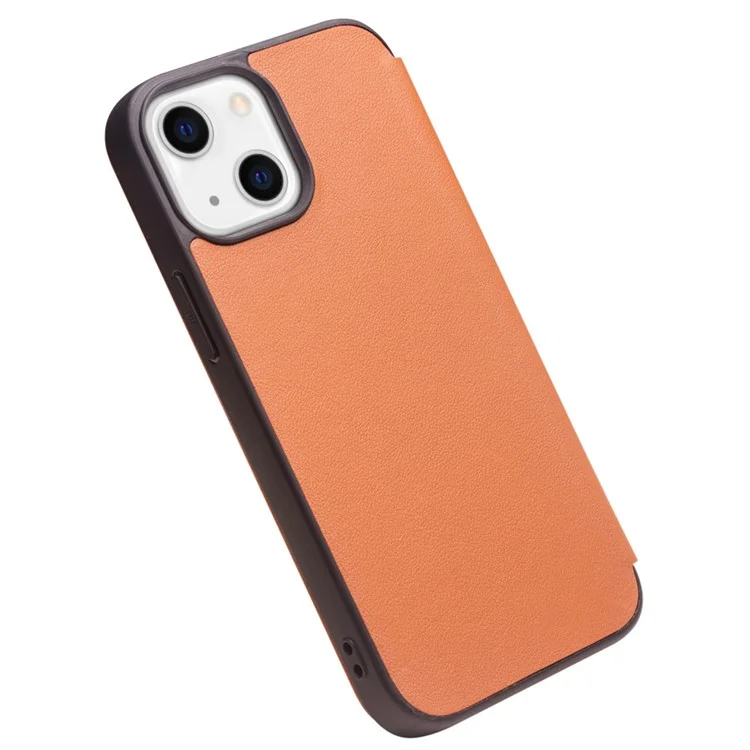 Qialino Ultra Fina Flip Folio Couro Genuíno Caso De Telefone De Capa Bem Protegido Com Janela De Visualização Para IPhone 13 6.1 Polegadas - Marrom