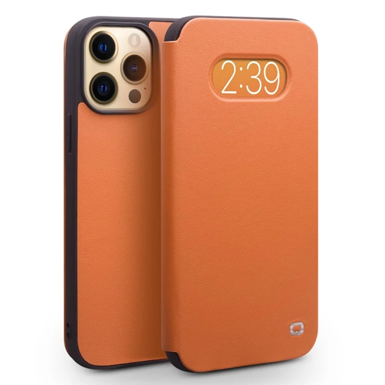 Qialino Ultra Fin Fin Genuine Drop Drop Flip Folio Cover Case Com Janela de Exibição Para Iphone 13 Pro 6,1 Polegadas - Castanho