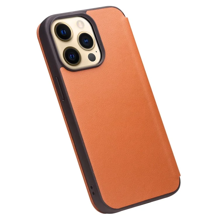 Qialino Ultra Fin Fin Genuine Drop Drop Flip Folio Cover Case Com Janela de Exibição Para Iphone 13 Pro 6,1 Polegadas - Castanho
