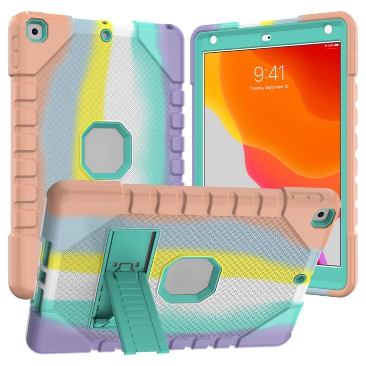 Per iPad 10.2 (2021)/(2020)/(2019) Rainbow Design Tablet Cover Anti-fall Protection PC + Silicone Hybrid Case with Kickstand - Rainbow 001