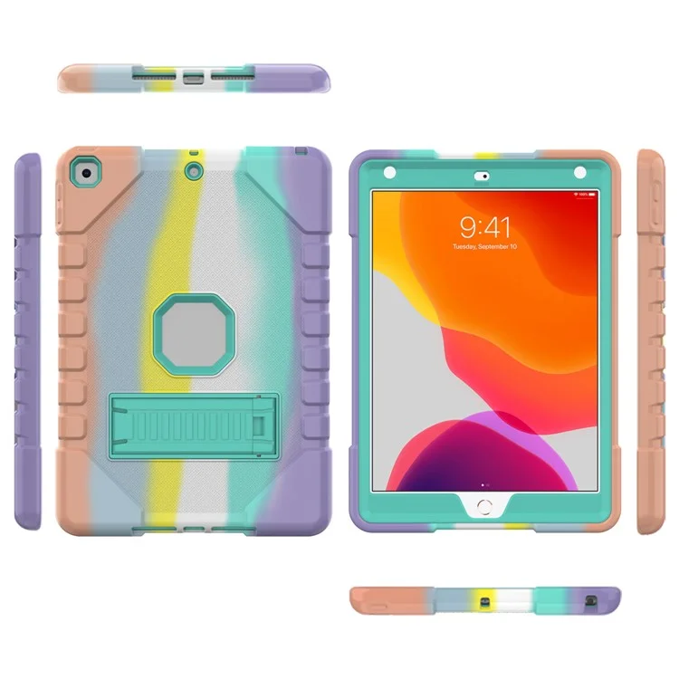 Per iPad 10.2 (2021)/(2020)/(2019) Rainbow Design Tablet Cover Anti-fall Protection PC + Silicone Hybrid Case with Kickstand - Rainbow 001