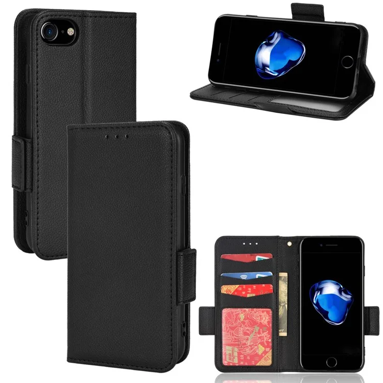 For iPhone 6/6s/SE (2022)/SE (2020)/8/7 Well-protected Stand Wallet Litchi Texture PU Leather Cover TPU Interior Protective Case - Black