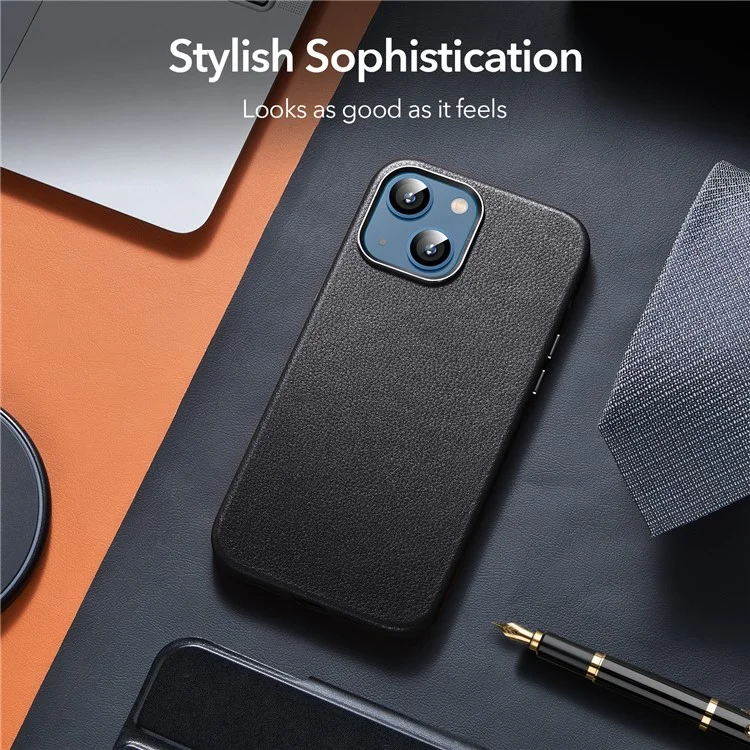 ESR Metro Cuero Back Case Para Iphone 13 6.1 Pulgadas Compatible Con Carga Inalámbrica Magsafe, Tela de Cuero Genuina+pc+tpu Hybrid Protective Cover - Negro