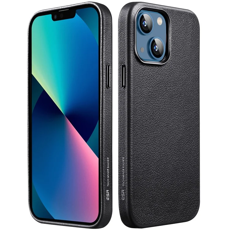 ESR Metro Cuero Back Case Para Iphone 13 6.1 Pulgadas Compatible Con Carga Inalámbrica Magsafe, Tela de Cuero Genuina+pc+tpu Hybrid Protective Cover - Negro
