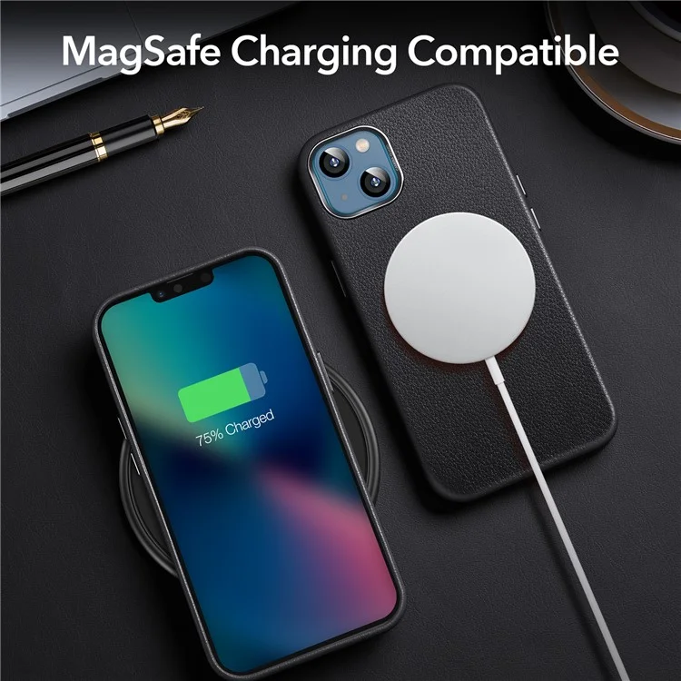 ESR Metro Cuero Back Case Para Iphone 13 6.1 Pulgadas Compatible Con Carga Inalámbrica Magsafe, Tela de Cuero Genuina+pc+tpu Hybrid Protective Cover - Negro