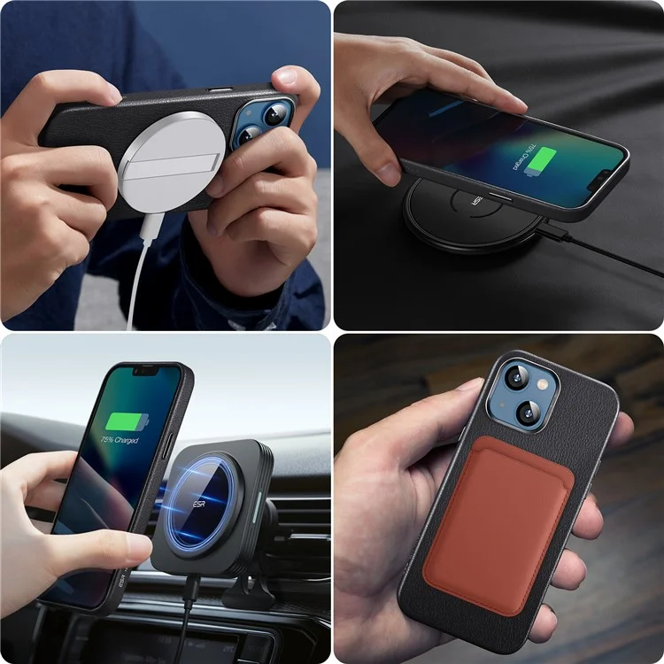 ESR Metro Cuero Back Case Para Iphone 13 6.1 Pulgadas Compatible Con Carga Inalámbrica Magsafe, Tela de Cuero Genuina+pc+tpu Hybrid Protective Cover - Negro