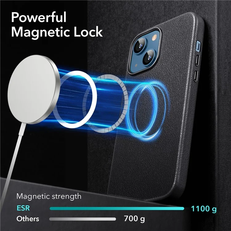 ESR Metro Cuero Back Case Para Iphone 13 6.1 Pulgadas Compatible Con Carga Inalámbrica Magsafe, Tela de Cuero Genuina+pc+tpu Hybrid Protective Cover - Negro