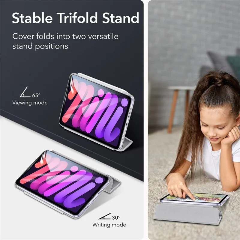 ESR Rebound Series for iPad mini (2024) / mini (2021) Tri-Fold Stand Double-Sided Magnet PU Leather Cover Case with Magnetic Clasp - Grey