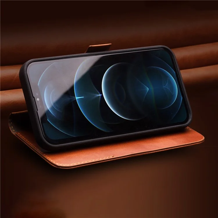 Qialino Para IPhone 12 6.1 Polegadas Folhet Foldable Carteira De Couro Genuíno Caso De Telefone Case Com Fecho Magnético - Marrom