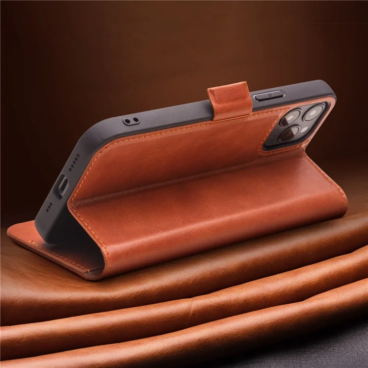 Qialino Para IPhone 12 6.1 Polegadas Folhet Foldable Carteira De Couro Genuíno Caso De Telefone Case Com Fecho Magnético - Marrom