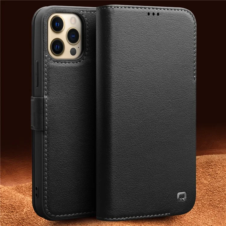 Qialino Para IPhone 12 6.1 Polegadas Folhet Foldable Carteira De Couro Genuíno Caso De Telefone Case Com Fecho Magnético - Preto