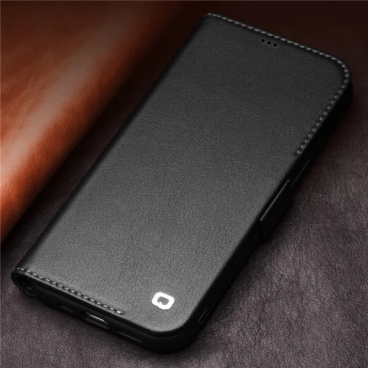 Qialino Para IPhone 12 6.1 Polegadas Folhet Foldable Carteira De Couro Genuíno Caso De Telefone Case Com Fecho Magnético - Preto