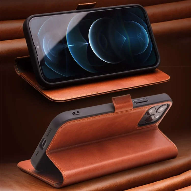 QIALINO Pour IPhone 12 PRO 6.1 Pouces Fermoir Magnétique Véritable Coffre De Téléphone En Cuir Véritable Couverture De Protection Du Portefeuille - Brun