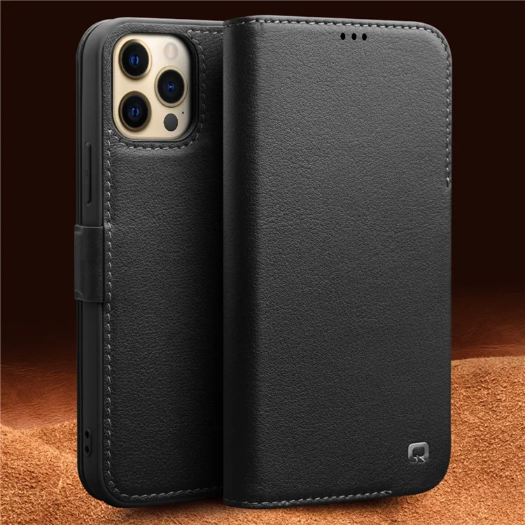 Qialino Para IPhone 12 Pro 6.1 Polegadas Fecho Magnético De Couro Genuíno Caso Carteira Estandar Capa Protetora - Preto