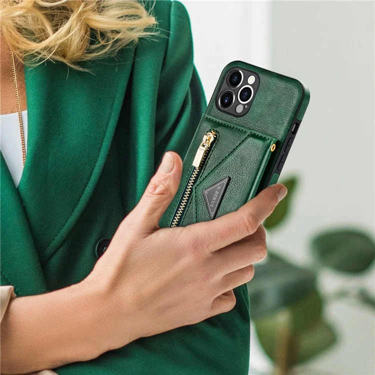 n. Bekus Para Iphone 12 Pro Máximo de 6,7 Polegadas de Kickstand Wallet Bem Protegida Couro PU Couro + Capa Celular TPU Com Cordão Longo - Verde Negruzco