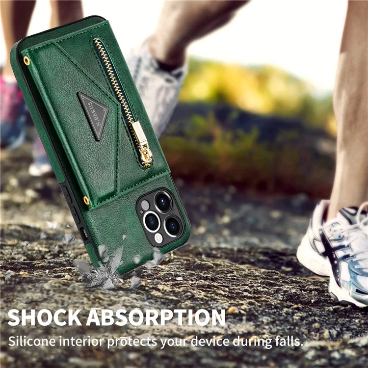 n. Bekus Para Iphone 12 Pro Máximo de 6,7 Polegadas de Kickstand Wallet Bem Protegida Couro PU Couro + Capa Celular TPU Com Cordão Longo - Verde Negruzco