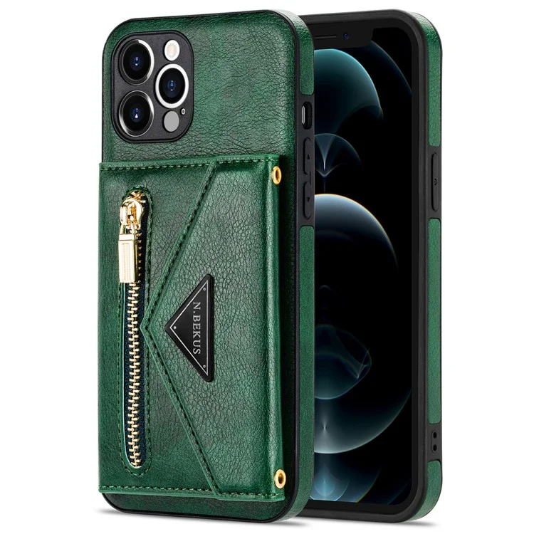 n. Bekus Para Iphone 12 Pro Máximo de 6,7 Polegadas de Kickstand Wallet Bem Protegida Couro PU Couro + Capa Celular TPU Com Cordão Longo - Verde Negruzco