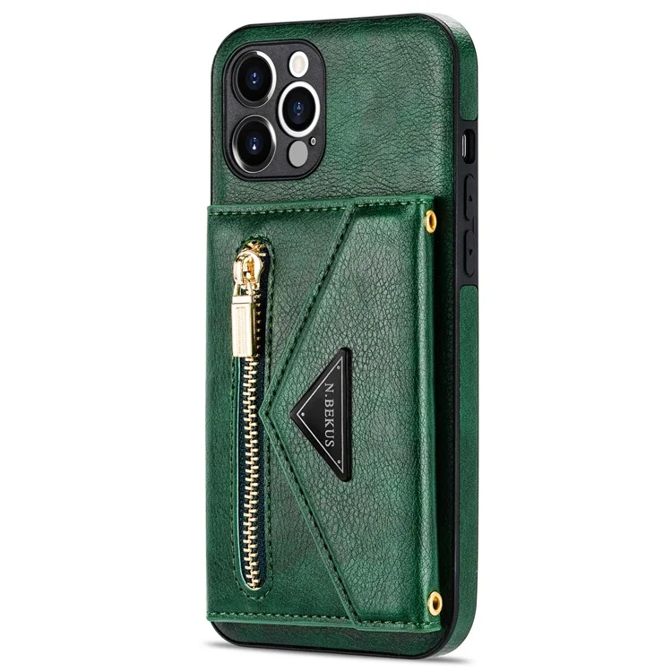 n. Bekus Para Iphone 12 Pro Máximo de 6,7 Polegadas de Kickstand Wallet Bem Protegida Couro PU Couro + Capa Celular TPU Com Cordão Longo - Verde Negruzco