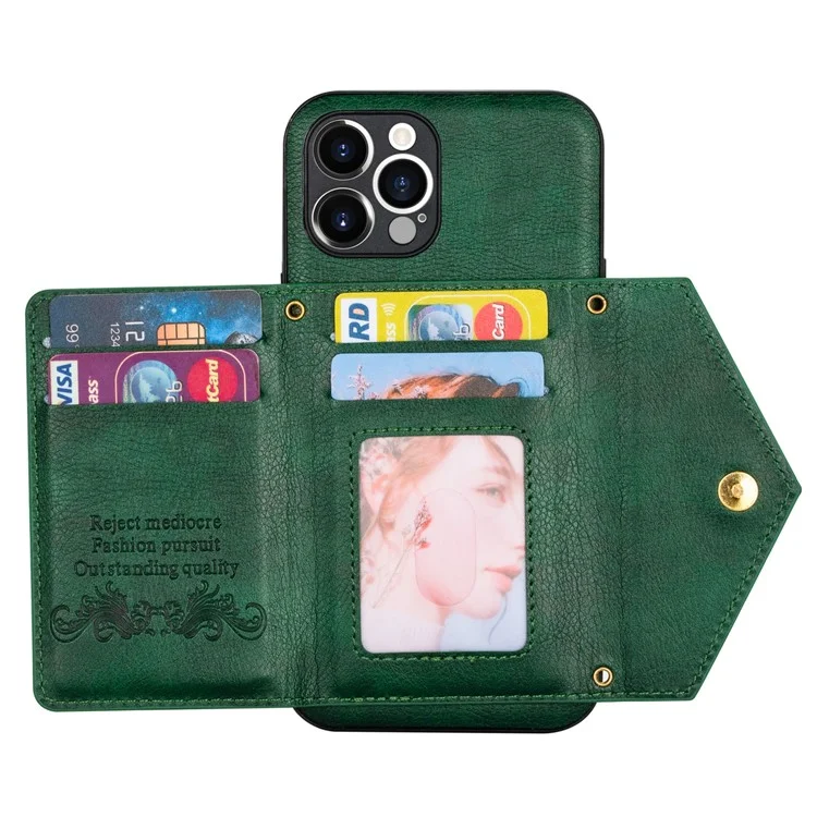 n. Bekus Para Iphone 12 Pro Máximo de 6,7 Polegadas de Kickstand Wallet Bem Protegida Couro PU Couro + Capa Celular TPU Com Cordão Longo - Verde Negruzco