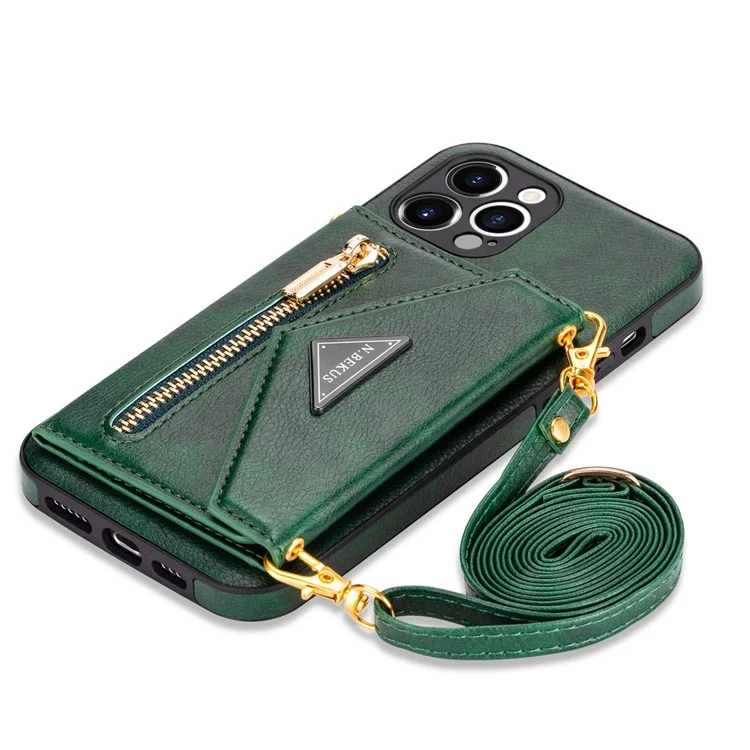 n. Bekus Para Iphone 12 Pro Máximo de 6,7 Polegadas de Kickstand Wallet Bem Protegida Couro PU Couro + Capa Celular TPU Com Cordão Longo - Verde Negruzco