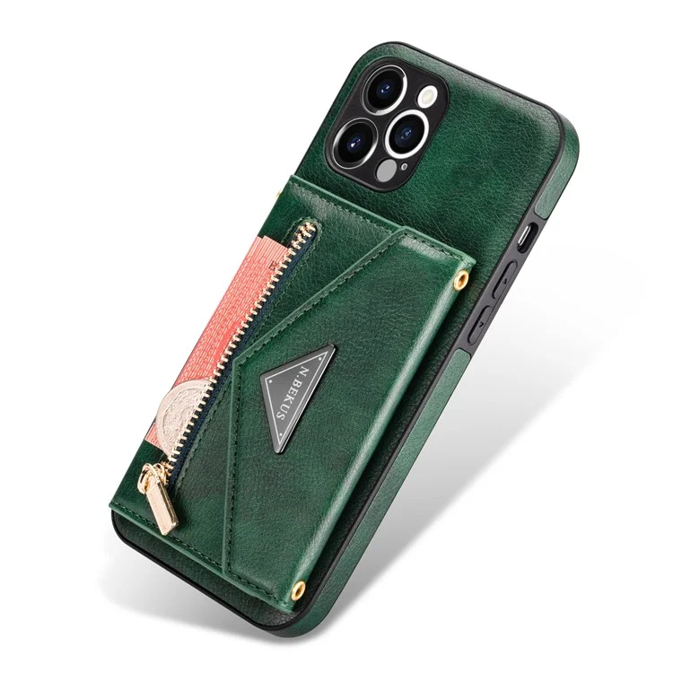 n. Bekus Para Iphone 12 Pro Máximo de 6,7 Polegadas de Kickstand Wallet Bem Protegida Couro PU Couro + Capa Celular TPU Com Cordão Longo - Verde Negruzco