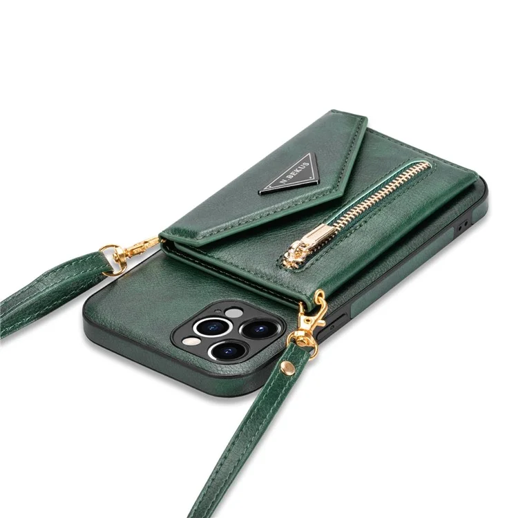 n. Bekus Para Iphone 12 Pro Máximo de 6,7 Polegadas de Kickstand Wallet Bem Protegida Couro PU Couro + Capa Celular TPU Com Cordão Longo - Verde Negruzco