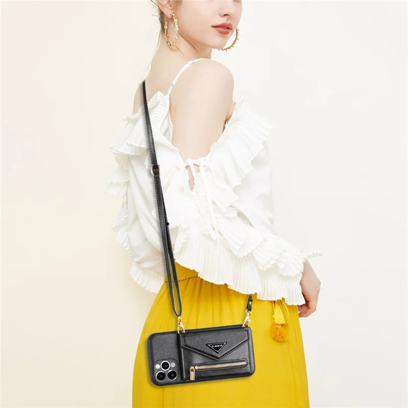 N.BEKUS for iPhone 12 Pro Max 6.7 inch Kickstand Design Wallet Well-protected PU Leather + TPU Cell Phone Case with Long Lanyard - Black