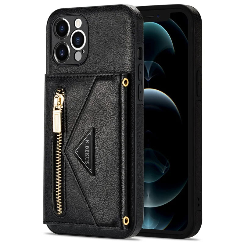 N.BEKUS for iPhone 12 Pro Max 6.7 inch Kickstand Design Wallet Well-protected PU Leather + TPU Cell Phone Case with Long Lanyard - Black