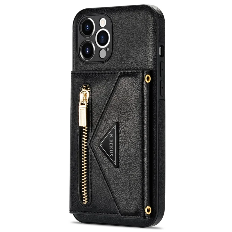 N.BEKUS for iPhone 12 Pro Max 6.7 inch Kickstand Design Wallet Well-protected PU Leather + TPU Cell Phone Case with Long Lanyard - Black