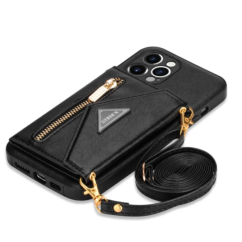 N.BEKUS for iPhone 12 Pro Max 6.7 inch Kickstand Design Wallet Well-protected PU Leather + TPU Cell Phone Case with Long Lanyard - Black