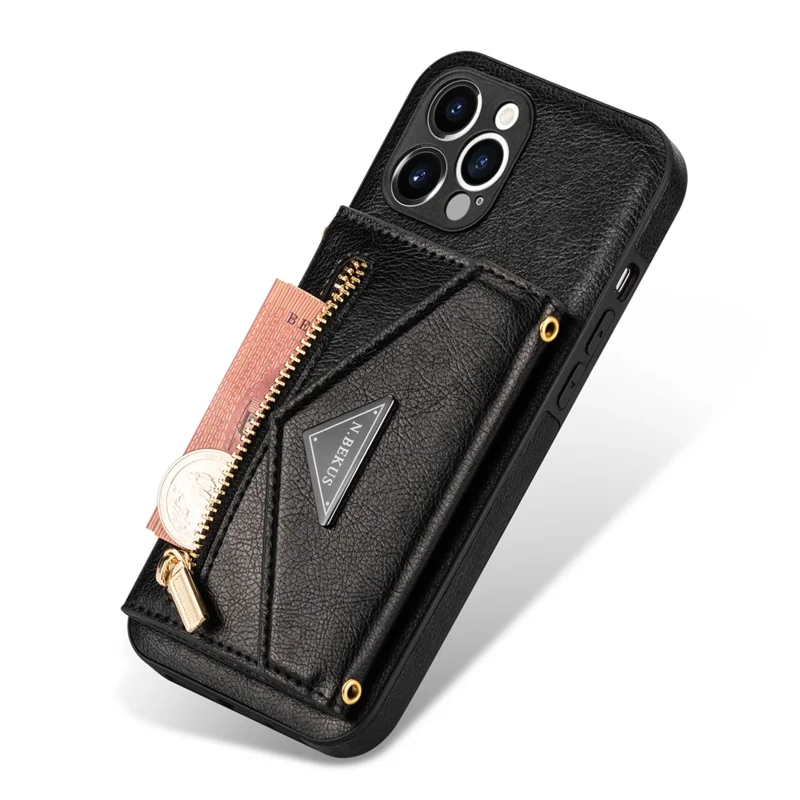 N.BEKUS for iPhone 12 Pro Max 6.7 inch Kickstand Design Wallet Well-protected PU Leather + TPU Cell Phone Case with Long Lanyard - Black