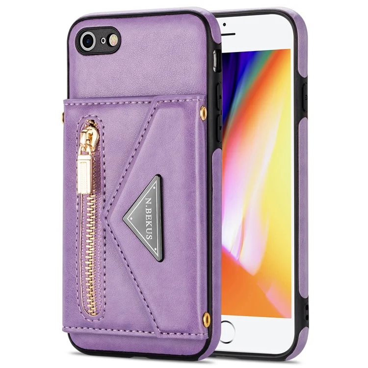 N.BEKUS for iPhone SE (2022)/SE (2020)/8/7 Kickstand Design Wallet PU Leather + TPU Shockproof Stylish Mobile Phone Case with Long Lanyard - Purple
