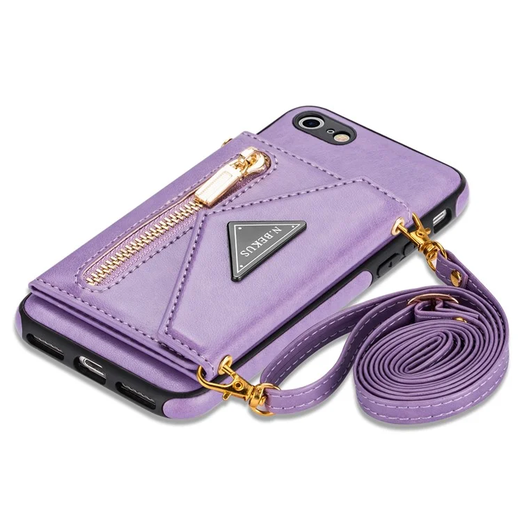 N.BEKUS for iPhone SE (2022)/SE (2020)/8/7 Kickstand Design Wallet PU Leather + TPU Shockproof Stylish Mobile Phone Case with Long Lanyard - Purple
