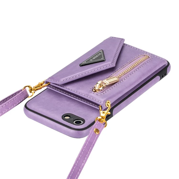 N.BEKUS for iPhone SE (2022)/SE (2020)/8/7 Kickstand Design Wallet PU Leather + TPU Shockproof Stylish Mobile Phone Case with Long Lanyard - Purple