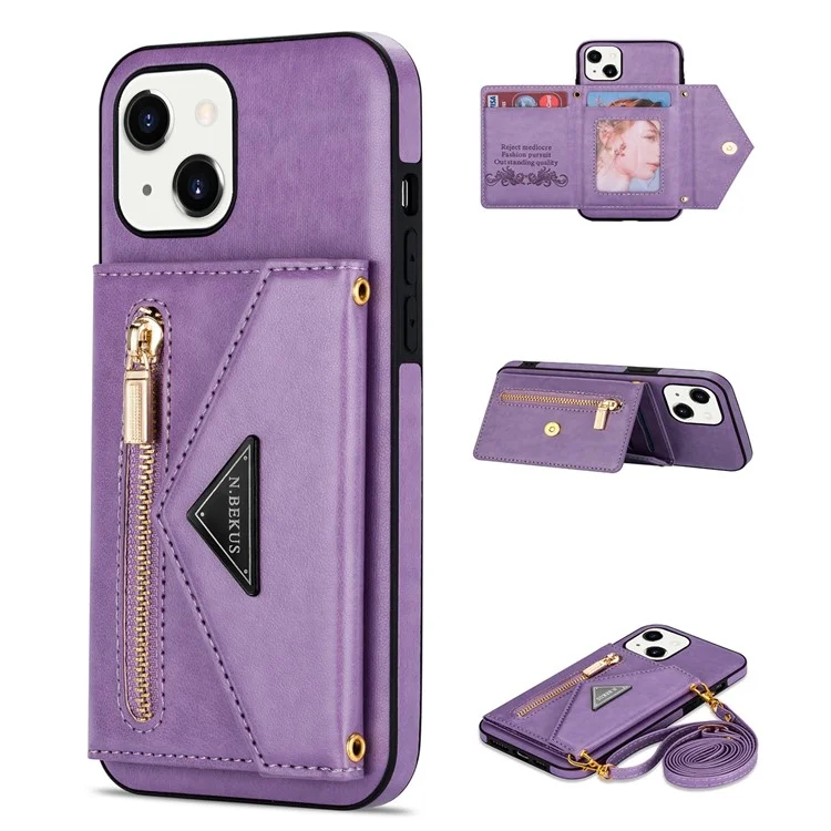 n. Bekus Para Iphone 13 Mini de 5.4 Pulgadas Anti-caída Diseño de Kickstand Botón Snap Botón PU Leather + TPU Case de Teléfono TPU - Violeta