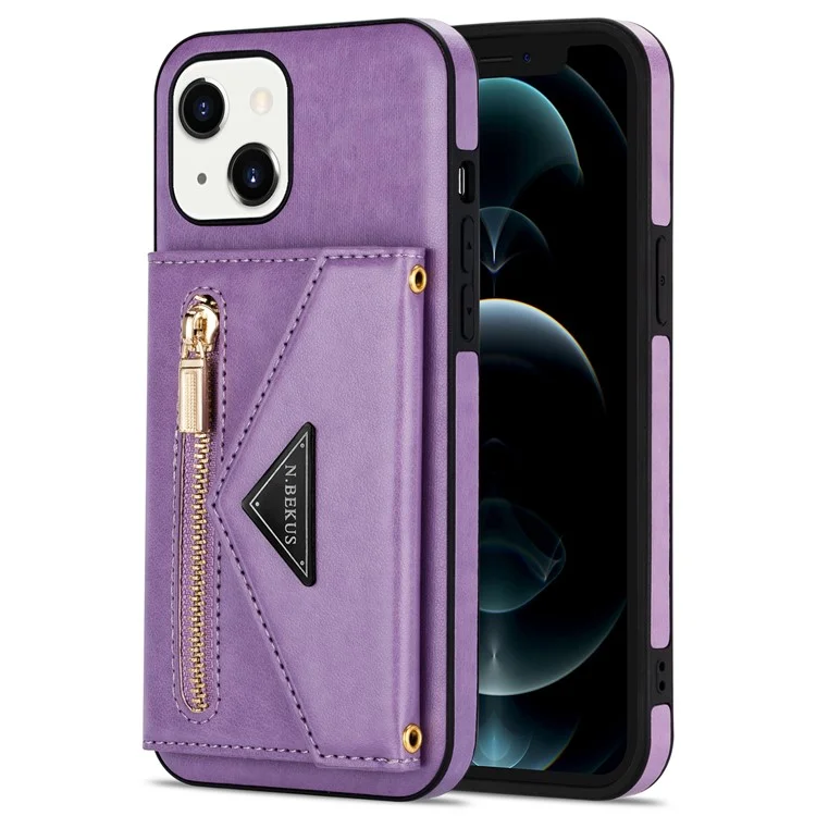 n. Bekus Para Iphone 13 Mini de 5.4 Pulgadas Anti-caída Diseño de Kickstand Botón Snap Botón PU Leather + TPU Case de Teléfono TPU - Violeta