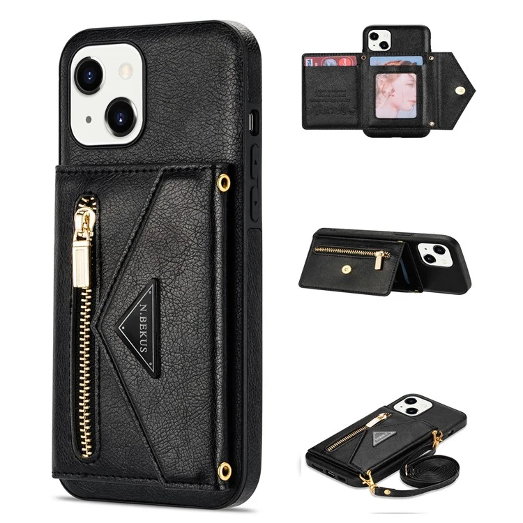 N. Bekus Für IPhone 13 6,1 Zoll Lang Lanyard Anti-Herbst Brieftasche PU-Leder + TPU-Handy-Kasten Mit Kickstand - Schwarz