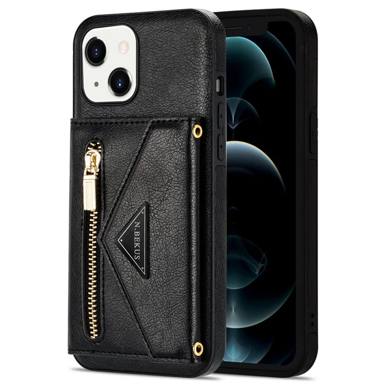N. Bekus Für IPhone 13 6,1 Zoll Lang Lanyard Anti-Herbst Brieftasche PU-Leder + TPU-Handy-Kasten Mit Kickstand - Schwarz