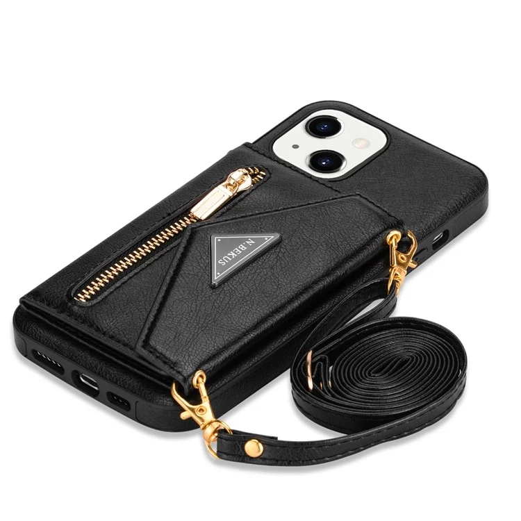 N. Bekus Für IPhone 13 6,1 Zoll Lang Lanyard Anti-Herbst Brieftasche PU-Leder + TPU-Handy-Kasten Mit Kickstand - Schwarz