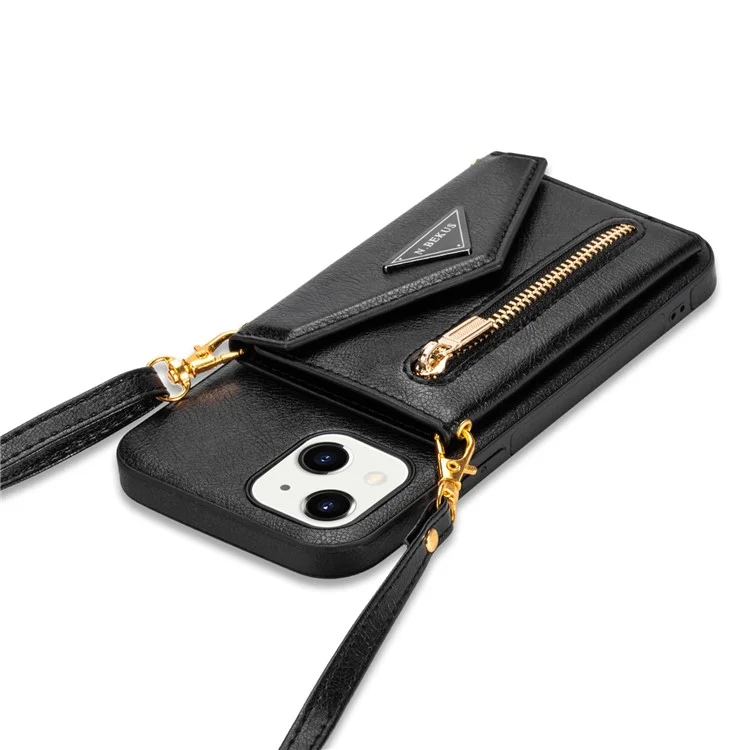 N. Bekus Für IPhone 13 6,1 Zoll Lang Lanyard Anti-Herbst Brieftasche PU-Leder + TPU-Handy-Kasten Mit Kickstand - Schwarz