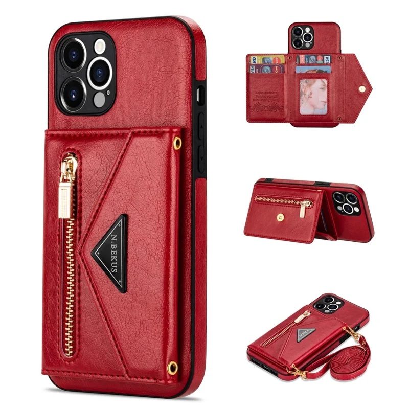 N.BEKUS for iPhone 13 Pro 6.1 inch Anti-scratch Drop-proof Kickstand Design Wallet PU Leather + TPU Phone Shell Case with Long Lanyard - Red