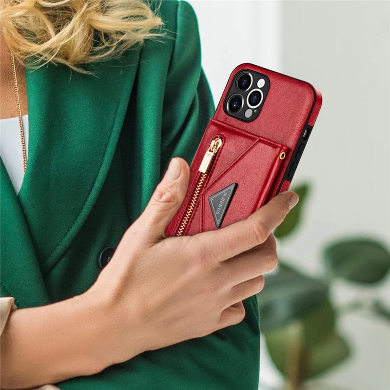 N.BEKUS for iPhone 13 Pro 6.1 inch Anti-scratch Drop-proof Kickstand Design Wallet PU Leather + TPU Phone Shell Case with Long Lanyard - Red