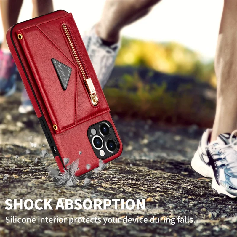 N.BEKUS for iPhone 13 Pro 6.1 inch Anti-scratch Drop-proof Kickstand Design Wallet PU Leather + TPU Phone Shell Case with Long Lanyard - Red